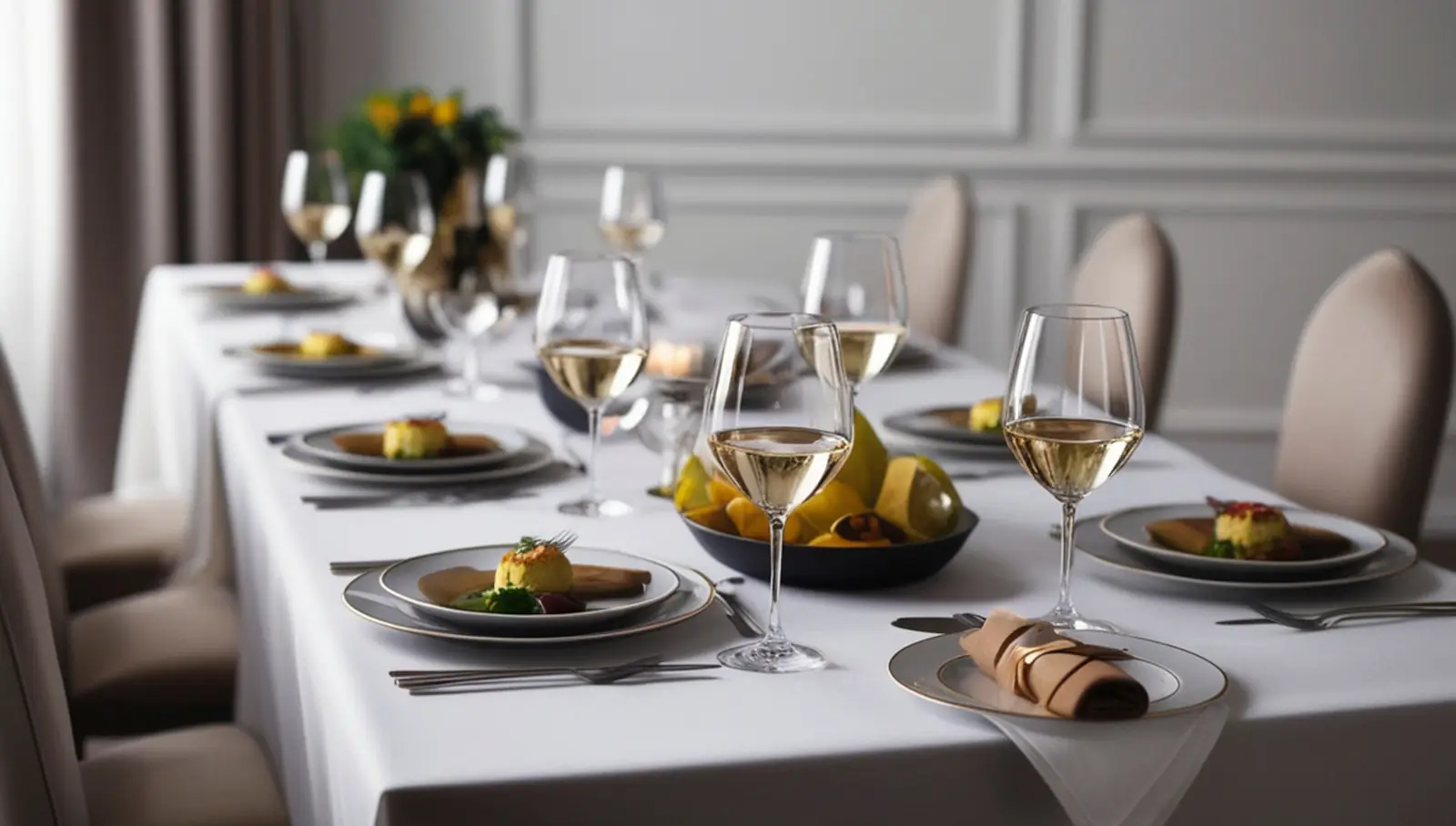 Long table set for a corporate lunch