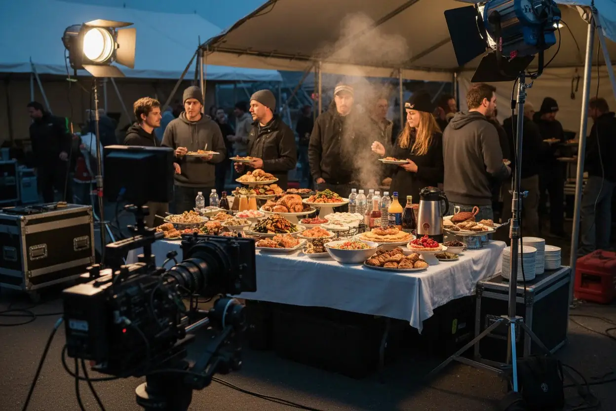 Bistro to Set catering tent on a film set, crew gathered around the buffet